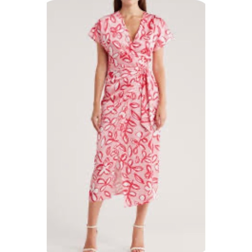 Area Stars NWOT Pink Floral Side Tie Midi Dress Womens XL Wrap VNeck Cap Sleeve